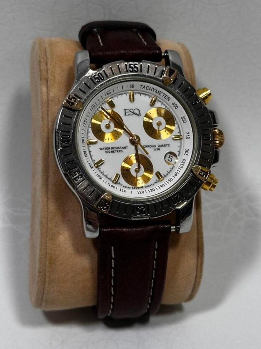 VINTAGE ESQ BY MOVADO ESQUIRE SWISS WATCH TWO TONE BROWN LEATHER 300194